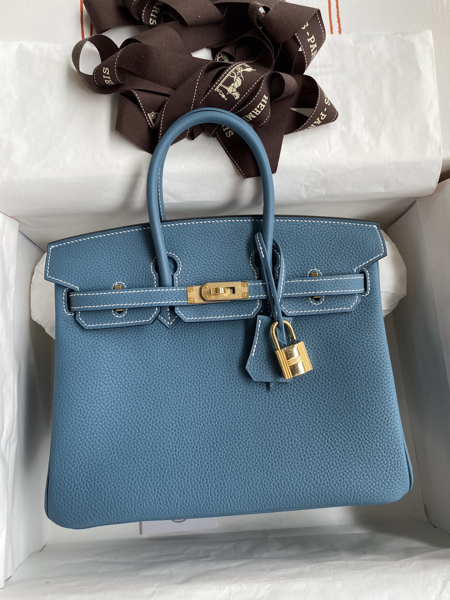 Hermes Birkin 25CM Togo Leather Handbag Blue Jean